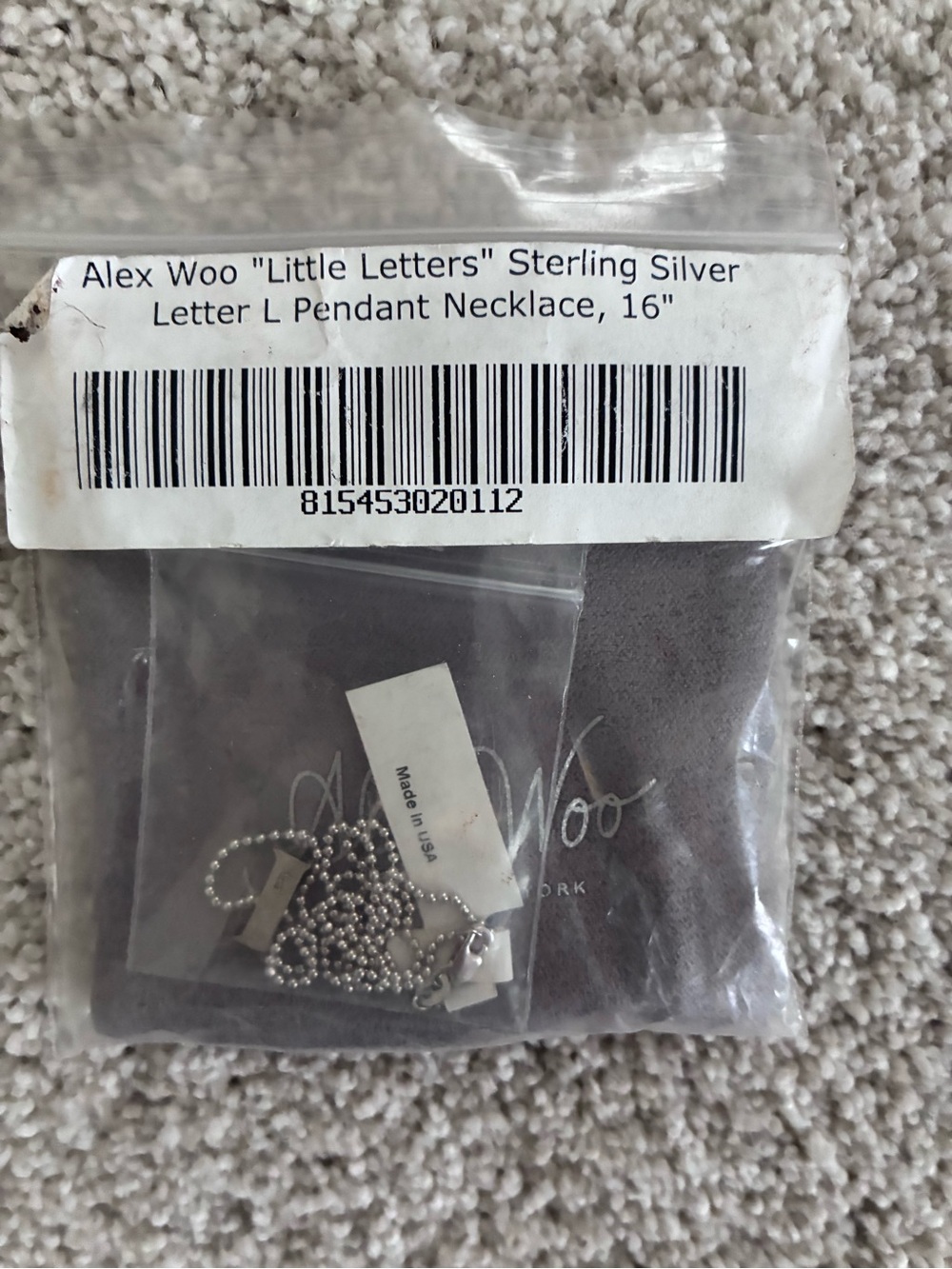 Never worn or opened Alex Woo Sterling Silver 'L' Initial Pendant Necklace